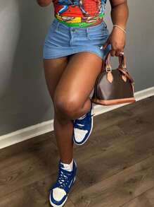 Chân váy ngắn denim bó màu đen, phong cách thường ngày mùa hè - Rửa nhẹ - Xem 5
