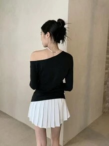 INAWLY 1 件女式不对称斜领不对称领口长袖针织花卉装饰内衣 - 黑色 - 查看 2