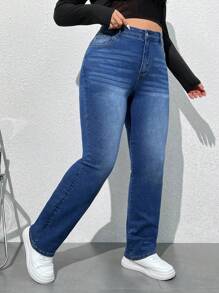 SHEIN PETITE CURVE Plus Size Solid Color Pocket Casual Straight Leg Jeans, Fall Women Clothes - Blue - View 4