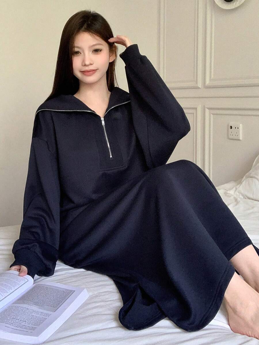 DAZY 休闲拉链加大码海军蓝领休闲连衣裙 - 藏蓝色 - 查看 1