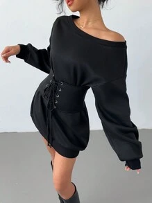 Chiquease 1 Áo nỉ vai chéo cho nữ có dây rút eo có thể tháo rời, áo hoodie dài tay lót nhiệt phong cách tối giản giản dị để mặc hàng ngày - màu đen - Xem 4