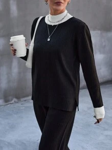 RueChic 女士罗纹针织立领落肩毛衣和毛衣裤套装 - 黑色 - 查看 2