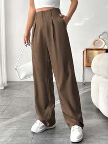 SHEIN PETITE Quần ống đứng màu trơn thường ngày cho nữ - màu nâu - Xem 6