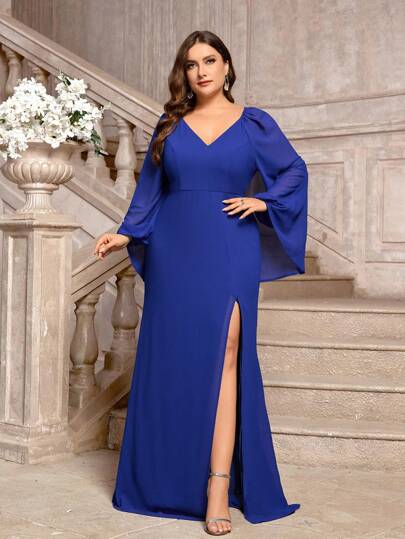SHEIN Belle 大码优雅浪漫蓝色 V 领蝙蝠袖高开叉 H 型下摆伴娘礼服，长袖连衣裙