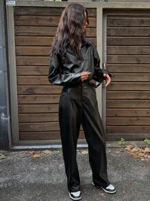 DAZY Women 2pcs Set PU Solid Color Long Sleeve Top And Pants, For Autumn/Winter