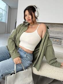 INAWLY Áo sơ mi dài tay màu trơn có nút phía trước dành cho nữ có túi - màu xanh lá - Xem 5