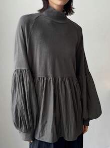 FRIFUL Women Loose Hemline Mixed Fabric Blouse