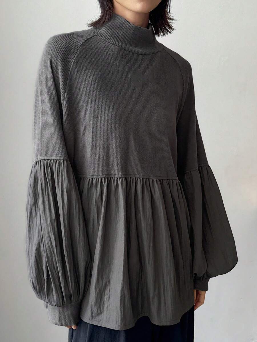 FRIFUL Women Loose Hemline Mixed Fabric Blouse