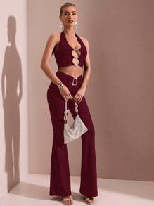 SHEIN BAE Elegant Solid Color Square Rhinestone Decor Flared Pants - Burgundy - View 4