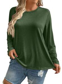 SHEIN LUNE Plus Size Solid Color Round Neck Casual Versatile Long Sleeve T-Shirt - Army Green - View 4
