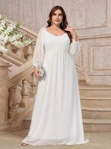 Vestido de Noiva Elegante e Simples de Manga Longa com Decote Tipo Coração, Vestido de Plus Size Branco, Vestido para Chá de Noiva Branco, Noiva