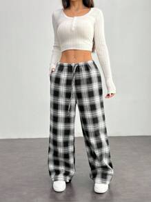 SHEIN PETITE Pantalones de mujer con cintura de cordón y estampado a cuadros - Azul Marino - Ver 3