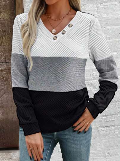 EMERY ROSE 女士休闲 V 领长袖纹理面料拼布拼色 T 恤