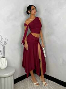 SHEIN BAE Ladies Solid White Asymmetrical Neck Tie Camisole Top + Asymmetrical Hem High Slit Ruched Hem Skirt Graduation Dress - Burgundy - View 3
