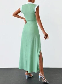 EURMUSE 撞色饰边两侧开衩束带衬衫裙