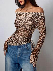 SHEIN Unity Leopard Print Off Shoulder Long Sleeve Asymmetric Hem Drawstring Blouse - Multicolor - View 3