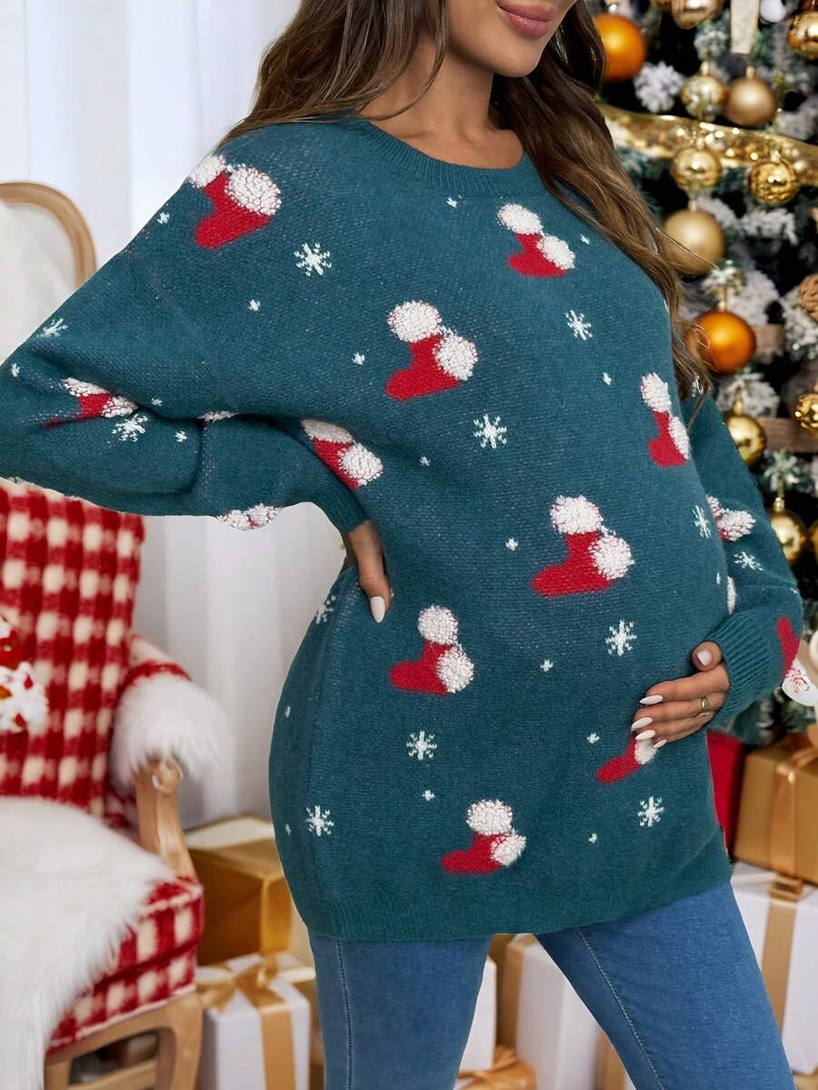 SHEIN Maternity Christmas Sweater, Women Knitted Pullover, Blue, Suitable For Autumn And Winter - Teal Blue - View 1