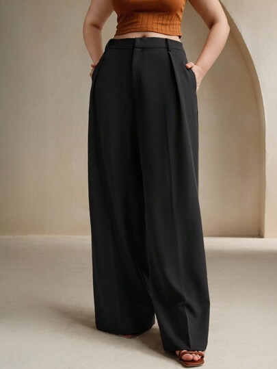 Anewsta Plus Size Women Black Elegant Straight Leg Casual Office Trousers