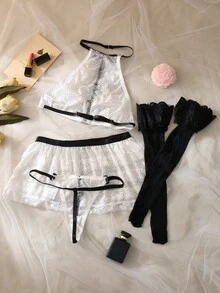 Ruffled Collared Contrast Color Top + Thong Panty + Garter Belt + Thigh-High Socks Sexy Lingerie Set For Women - Black and White - View 4