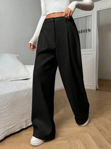 SHEIN EZwear 女士纯色简约款宽松阔腿裤 - 黑色 - 查看 1