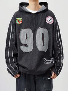 ROMWE MEN Prep Men's Jersey Casual Patchwork Denim Hooded Long Sleeve Sweatshirt, Street Chic Versatile