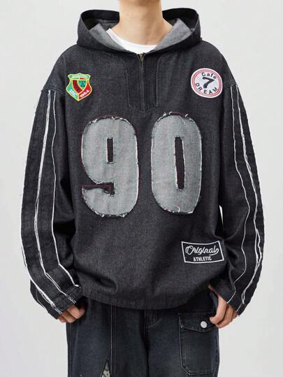 Prep Men's Jersey Casual Patchwork Denim Hooded Long Sleeve Sweatshirt, Street Chic Versatile