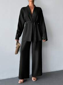 SHEIN 两件套，配有腰带细节，舒适套装，居家和户外均可穿着 - 黑色 - 查看 6