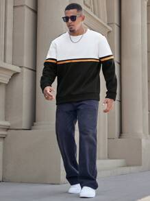 Manfinity Homme Plus Size Men's Contrast Color Round Neck Casual Pullover Sweatshirt - Black - View 4