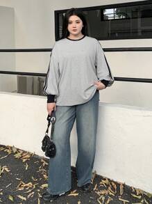 Dazy Petite Plus Plus Size Color Block Splice Crew Neck Loose Fit Sweatshirt,Fall Clothes - Grey - View 4