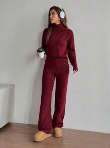 Flirla 2 chiếc/Bộ Áo len dài tay cổ lọ trơn rộng rãi và quần, Trang phục đa năng - Màu Tím - Xem 6