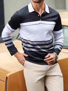 Manfinity Homme Áo thun polo dài tay thường ngày in họa tiết sọc tương phản dành cho nam - Nhiều màu - Xem 5