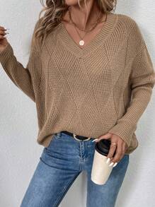 SHEIN LUNE Women's Solid Color V-Neck Casual Pullover Sweater Knit Pullover Fall Winter - Khaki - View 6