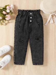 SHEIN Jeans pour jeunes filles, design déchiré tendance, taille élastique, pantalon en denim décontracté, ajusté et simple