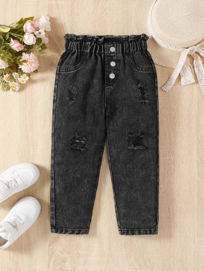 SHEIN Vintaside Kids Jeans casual aderenti a vita svasata con design consumato per ragazze giovani