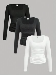 SHEIN Girlism 青少年女孩买 1 送 2 3 件套休闲纯色方领褶皱长袖 T 恤套装 - 深灰色 - 查看 1