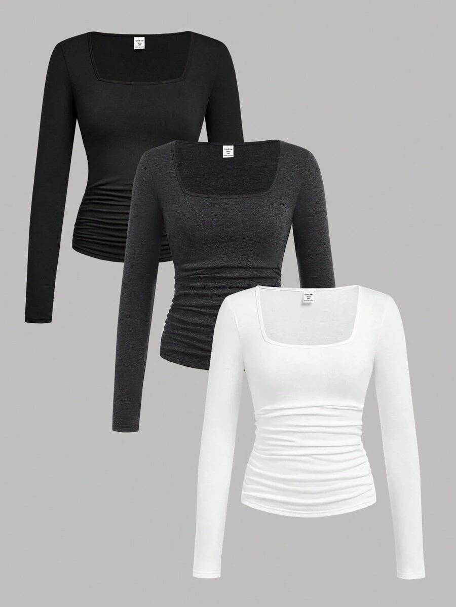 SHEIN Girlism 青少年女孩买 1 送 2 3 件套休闲纯色方领褶皱长袖 T 恤套装 - 深灰色 - 查看 1