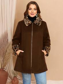 EMERY ROSE Plus Size Fall Clothes Curve Thanksgiving Women Leopard Print Patchwork Woolen Overcoat, Autumn Winter - Coffee Brown - View 3