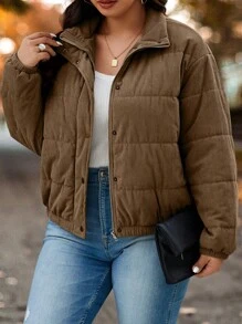 Calvaya Women Plus Size Casual Zipper Side Pocket Front High Neck Elastic Cuff Corduroy Long Sleeve Jacket Padded Coat For Winter Clothes, Light Brown Color