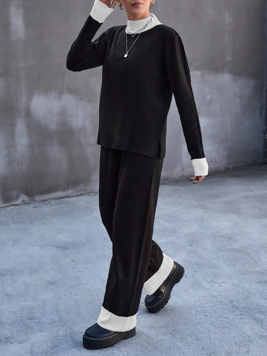 RueChic 女士罗纹针织立领落肩毛衣和毛衣裤套装 - 黑色 - 查看 1