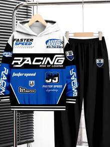 SHEIN Leap Crew 2 件 Tween Boy 休闲简约字母印花长袖连帽衫套装，舒适秋冬季 - 彩色 - 查看 5
