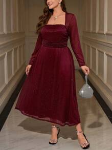 SHEIN Privé 大码秋季休闲优雅荷叶边腰部金属闪光连衣裙 - 酒紅色 - 查看 4