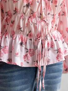 Soleia Plus Size Ladies Winter Christmas Women's Dresses, New Year's Eve Women's Dresses, Pink Cute Floral Square Neck Long Sleeve Shirt