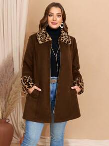 EMERY ROSE Plus Size Fall Clothes Curve Thanksgiving Women Leopard Print Patchwork Woolen Overcoat, Autumn Winter - Coffee Brown - View 7
