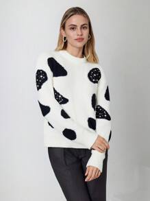 RueChic Woman Rhinestones Detailed Soft Special Yarn Shabby Winter Sweater - White - View 5