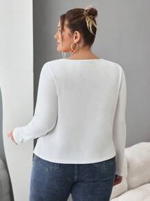 SHEIN CURVE+ 大码女式两件套方领紧身长袖休闲T恤套装，秋冬季女装，百搭基本款 - 黑與白 - 查看 2