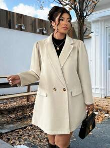 Flirla Plus Size Lapel Gigot Sleeve Overcoat - Khaki - View 3