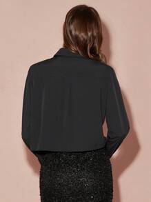 Enchnt Blus Wanita Kasual Elegan dengan Hiasan Ruffle dan Rhinestone, Musim Gugur - Hitam - View 9
