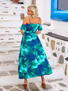 SHEIN VCAY Vacation Knitted Floral Printed Cold Shoulder Neckline Slit Dress - Multicolor - View 2