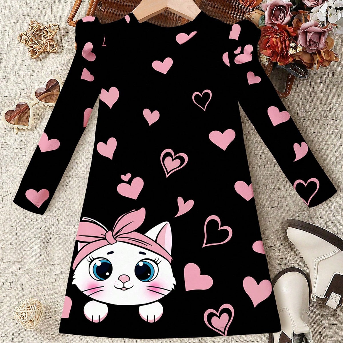 Vestido informal de manga larga y minifalda con estampado de gato y corazón, corte holgado y volantes, estilo casual para otoño/invierno para niñas