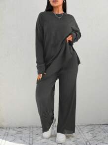 EURMUSE Plus Size Casual Solid Color Top And Pants 2 Pieces Set, Autumn - Dark Grey - View 4